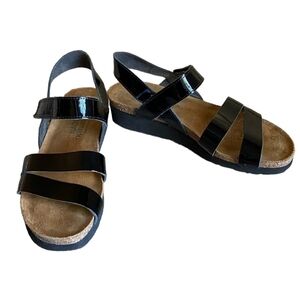 Naot Black Patent Leather Kayla Sandal Wedge Sandals Strappy 5 36